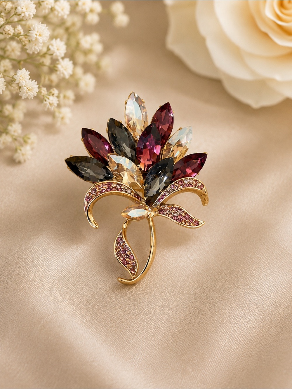 Gold-Tone Multicolor Crystal Floral Brooch - Women Jewelry